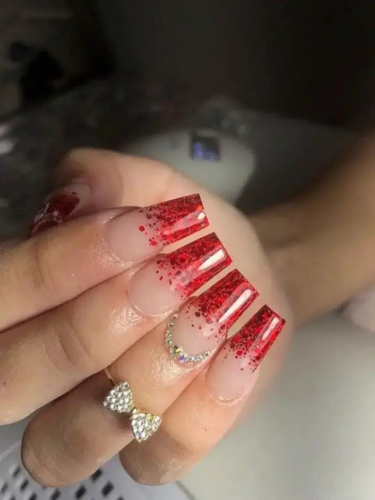 Festive Sparkle: Red Glitter and French Tips