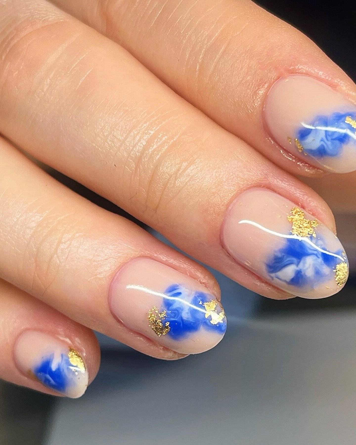 Blue Marble Nails with Gold Foil