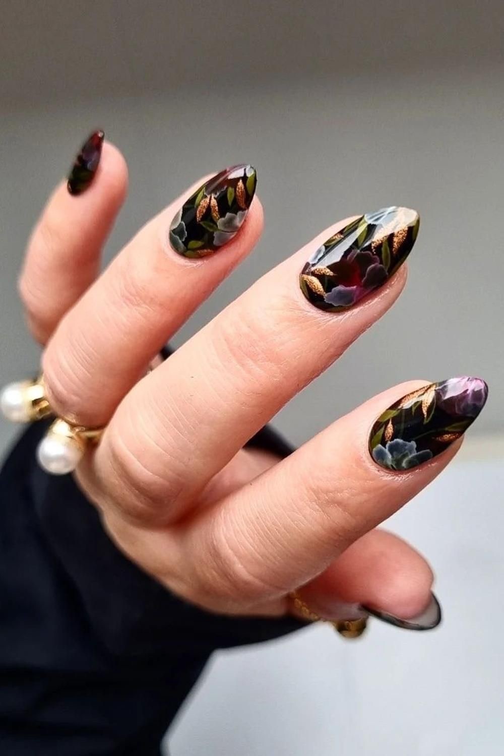 Dark and Mysterious Floral Nails