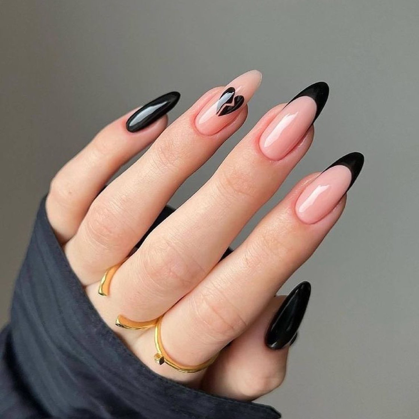 Black Almond Nails with Heart Accent