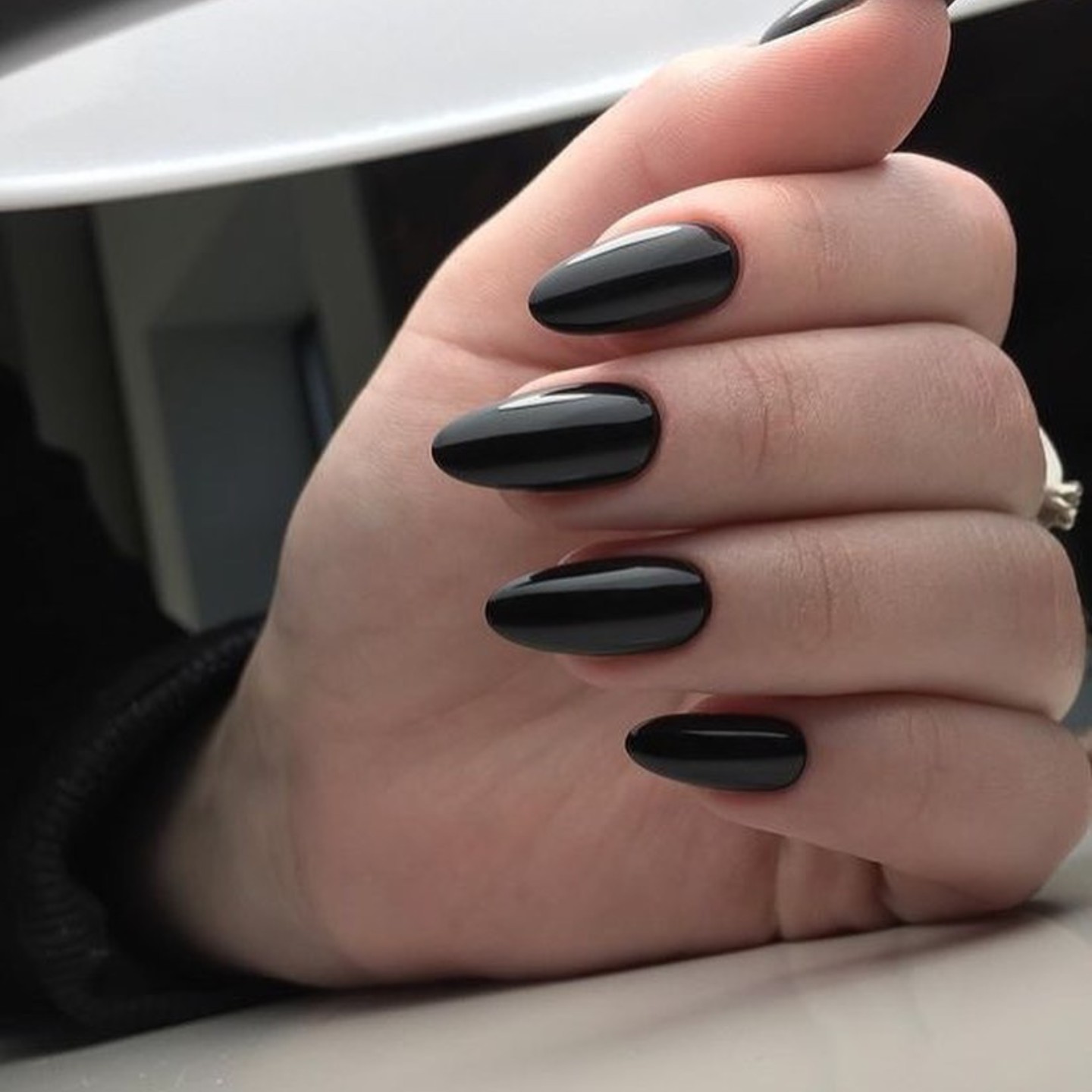 Glossy Black Almond Nails