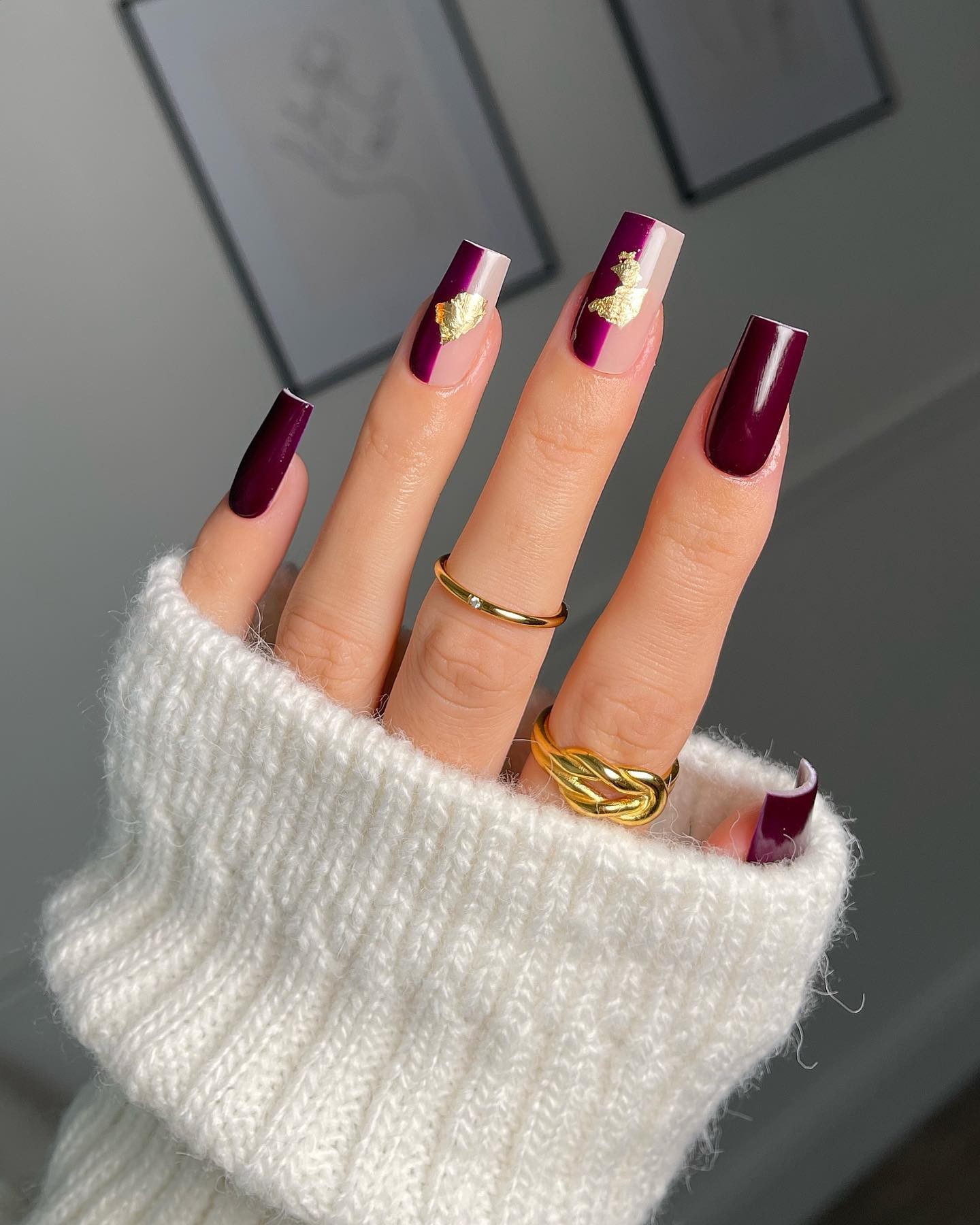 Burgundy Glamour: Gold Leaf Accent