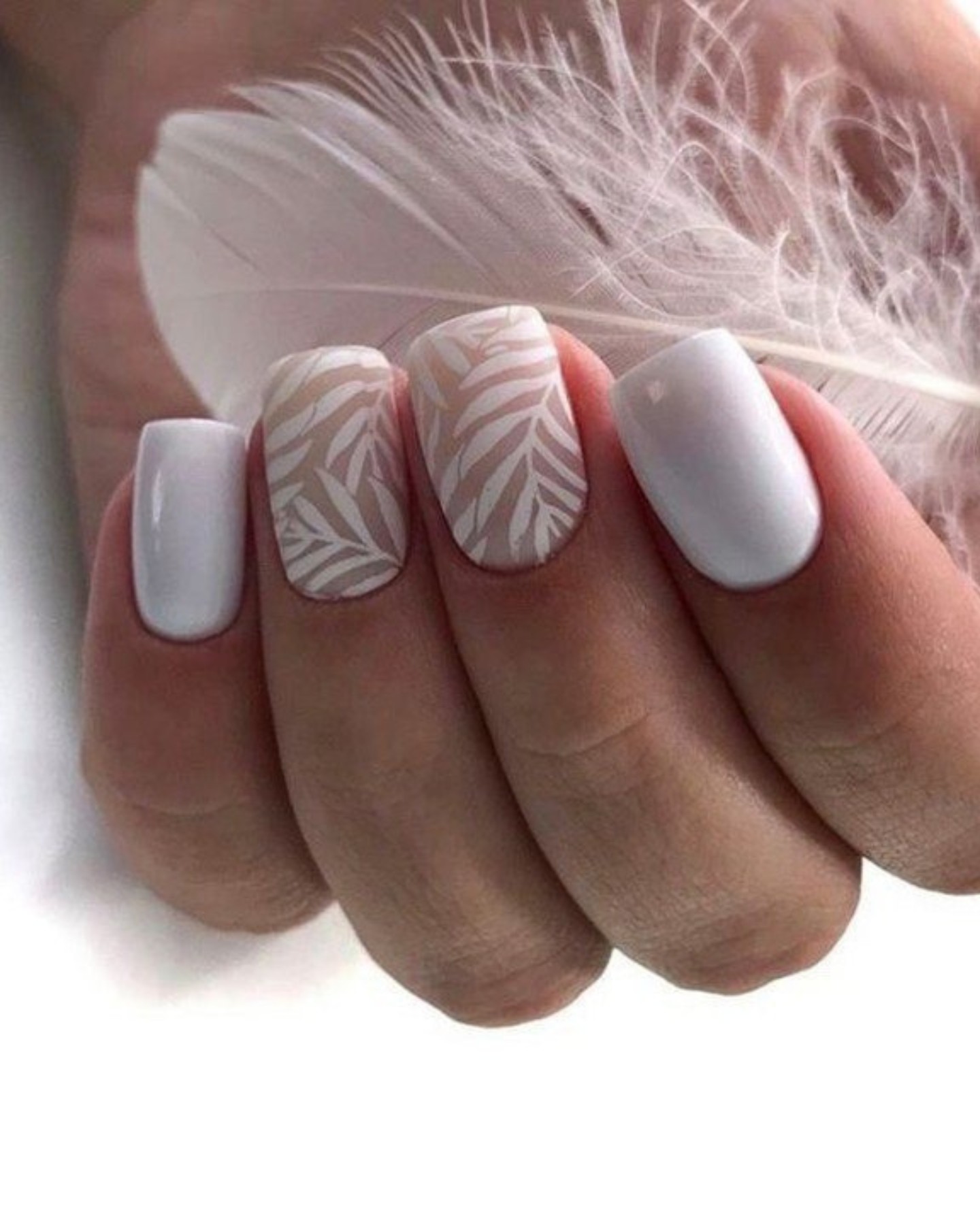 Tropical White Nails with Leaf Designs