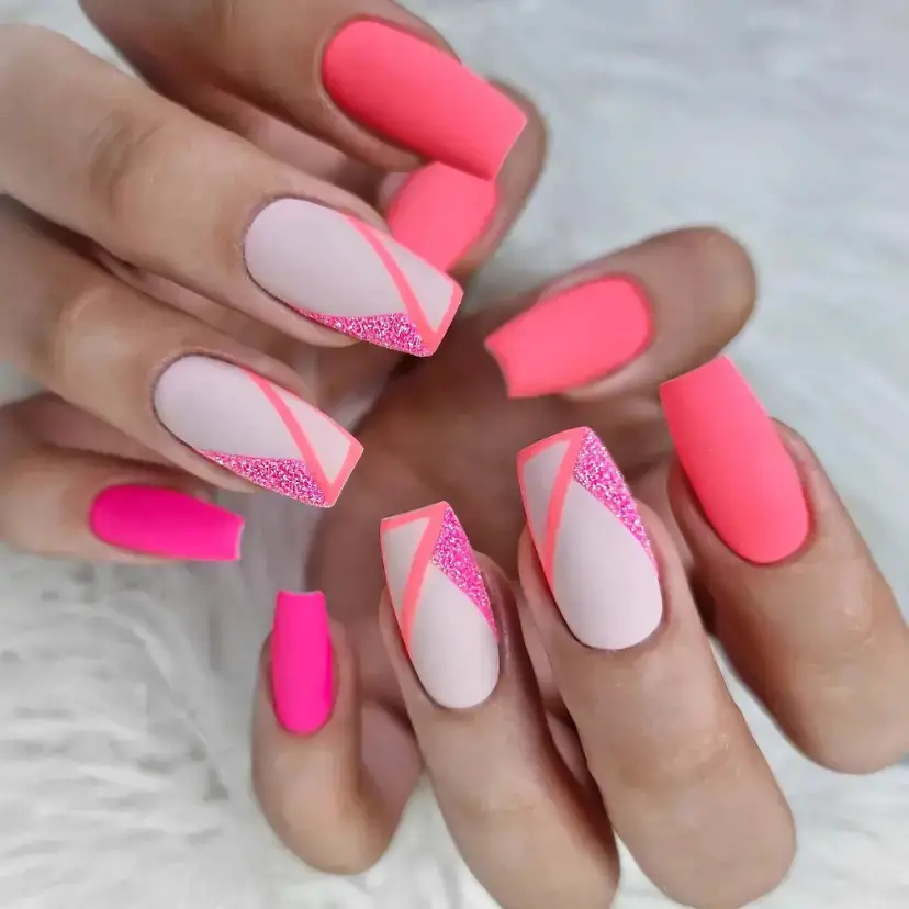 Coffin Nails with Neon Contrast and Glitter Detail