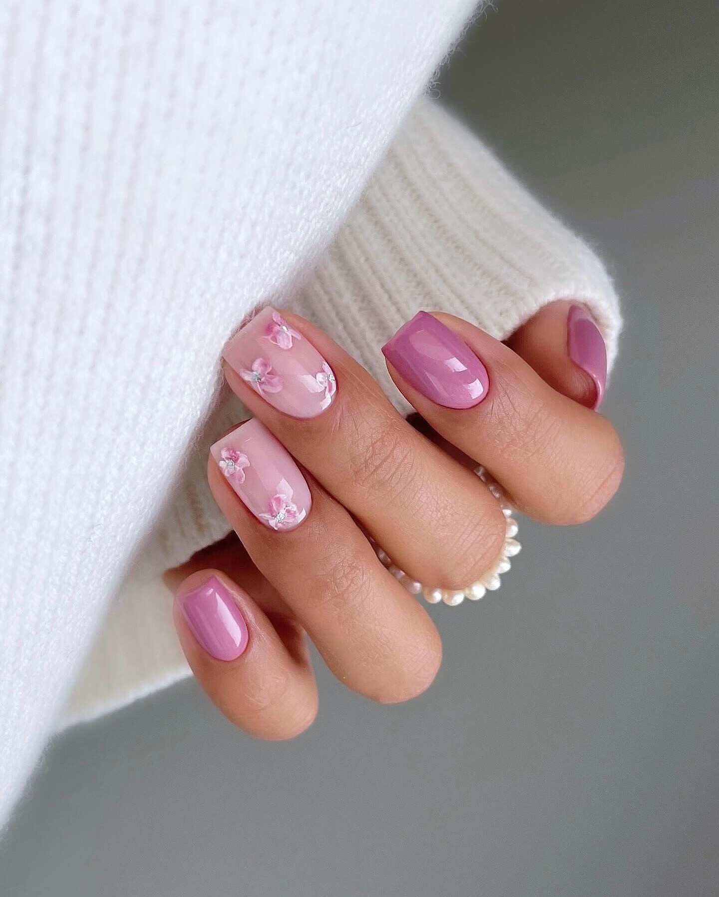 Pink Nails with Floral Accents