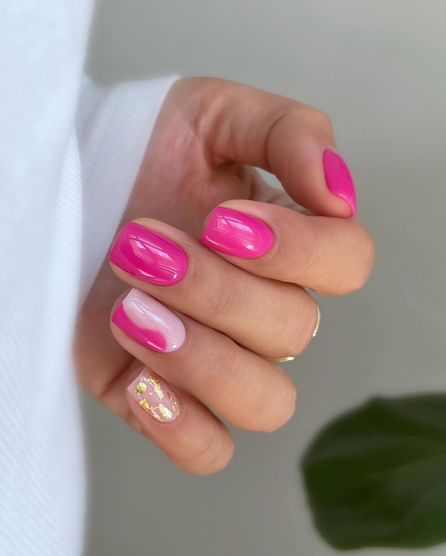 Hot Pink Nails with Gold Foil Accent