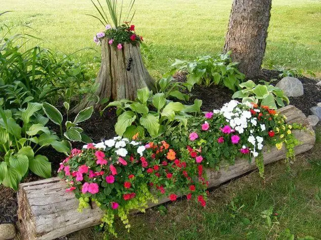 Front Yard Landscaping Ideas with Rustic Log Planters