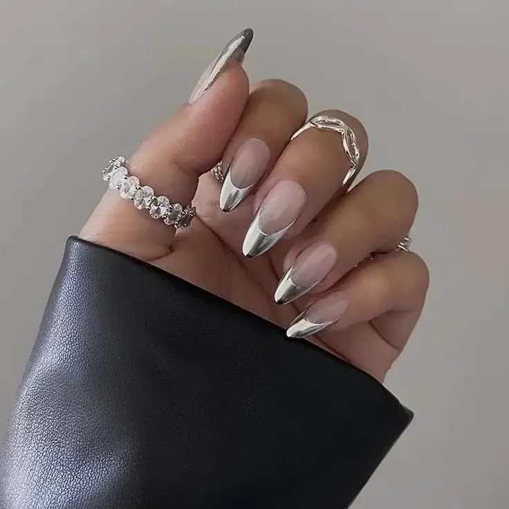 Silver Almond Nails with Rhinestone Accents