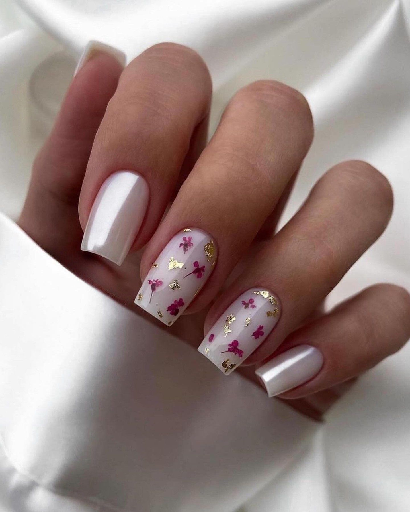 Classic White Nails with Pink and Gold Accents