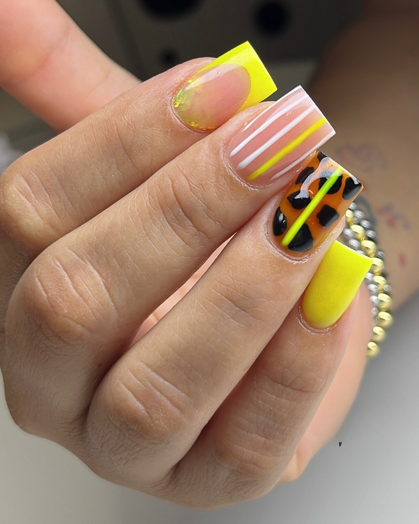 Neon Striped and Leopard Nails