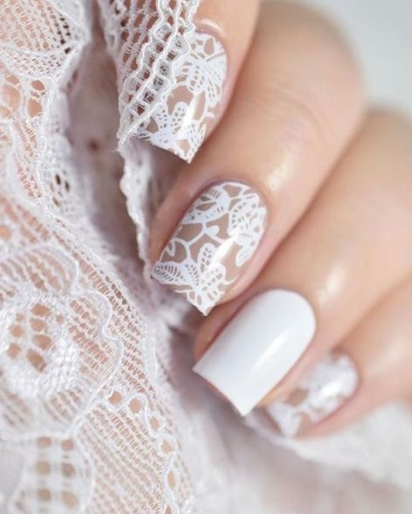 White Lace on Nude: The Quintessential Bridal Nail